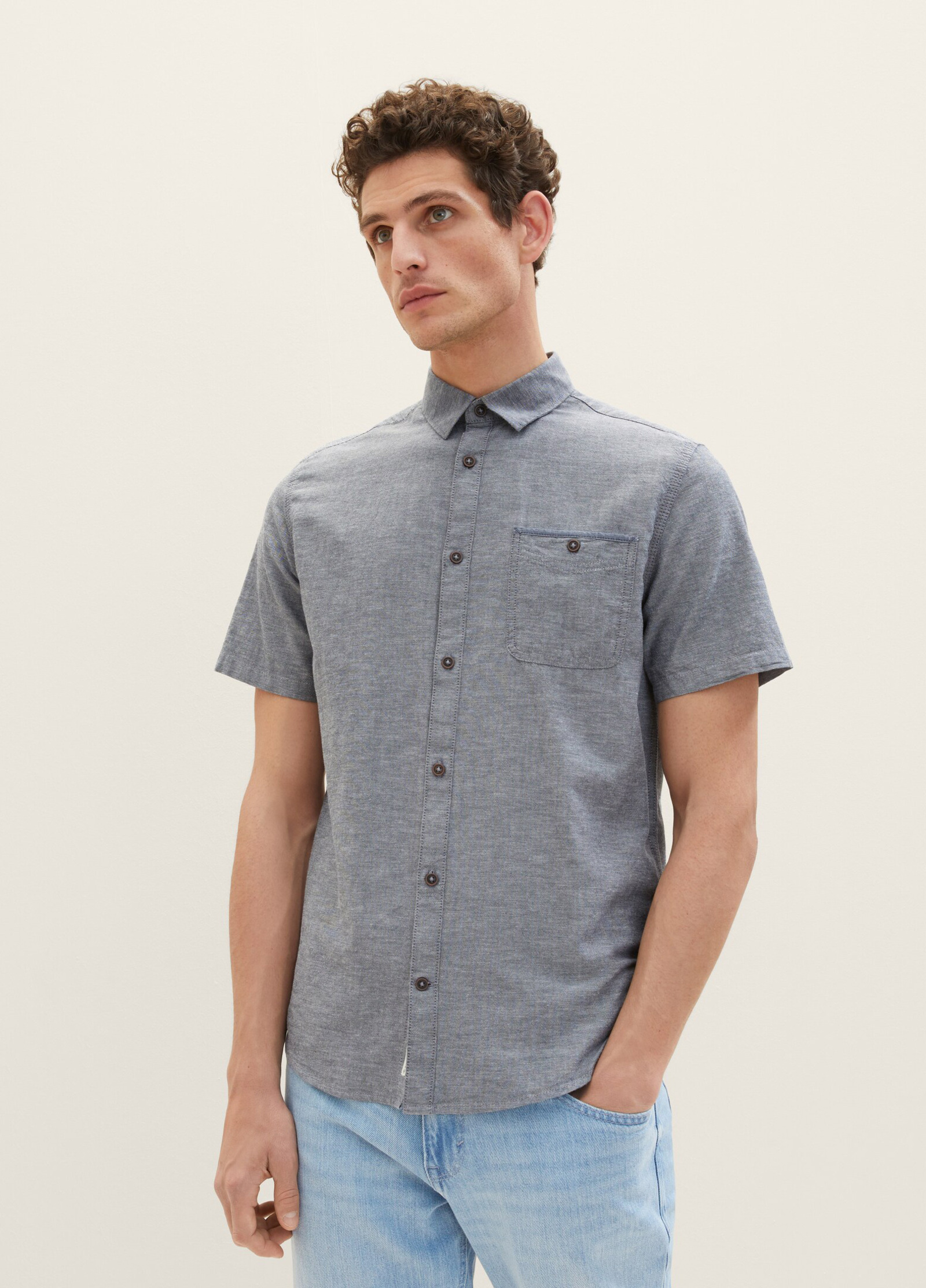 Tom Tailor® Short-sleeved Shirt With A Chest Pocket - Navy Chambray Größe L