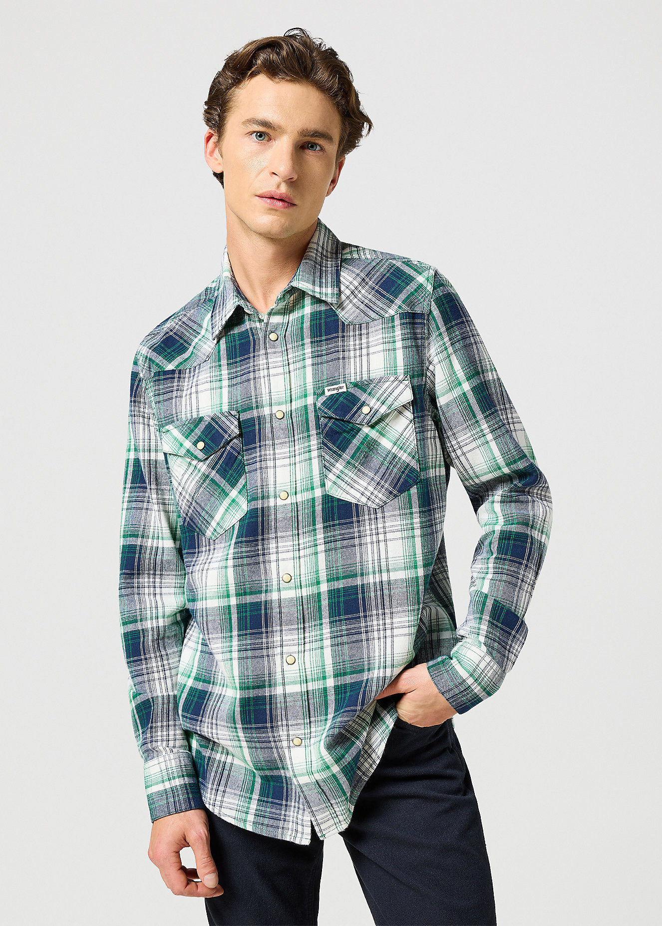 Wrangler® Western Shirt - Green Blue Check