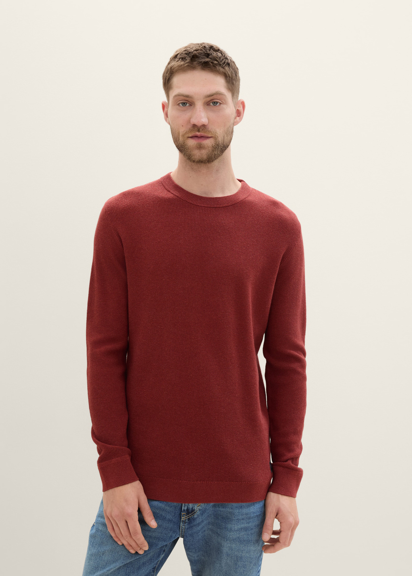 Tom Tailor® Structured Crew Neck Sweater - Burgundy Dark Red Melange