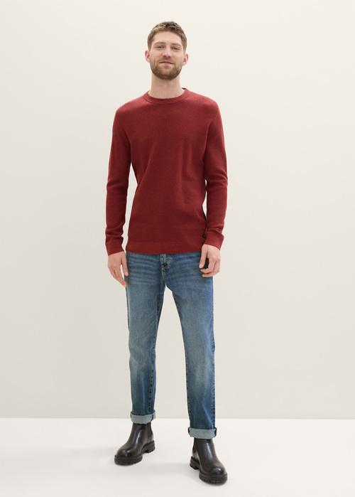 Tom Tailor® Structured Crew Neck Sweater - Burgundy Dark Red Melange