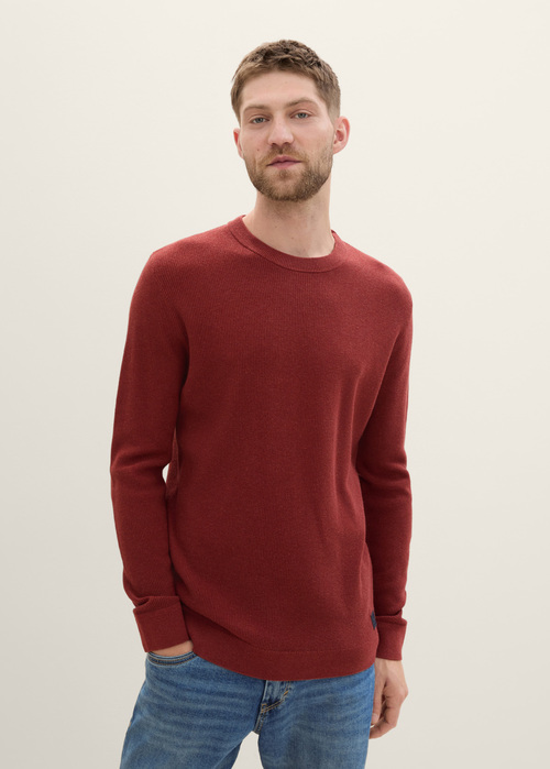 Tom Tailor® Structured Crew Neck Sweater - Burgundy Dark Red Melange