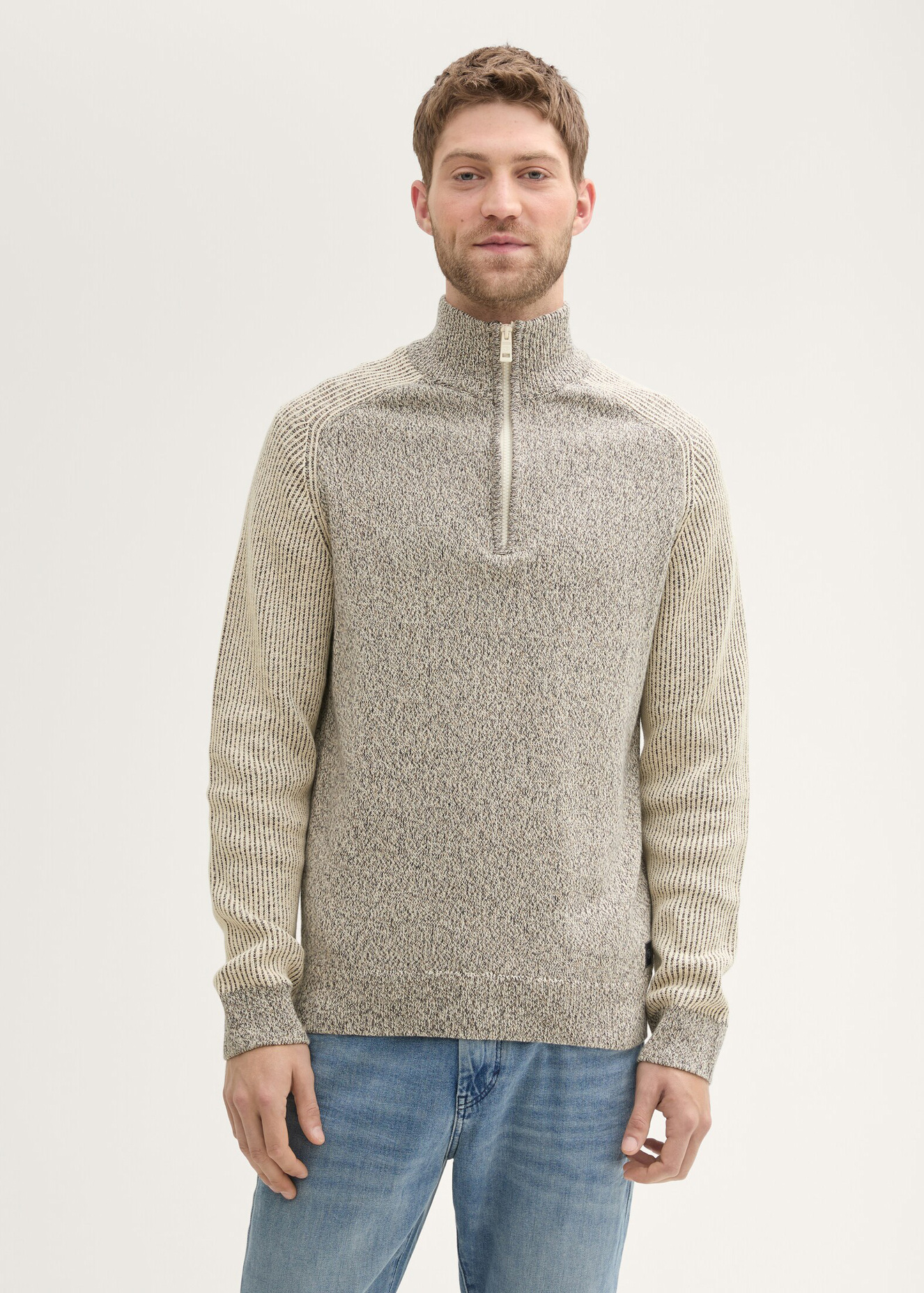 Tom Tailor® Halfzip Sweater - Sand Taupe Navy Multicolor