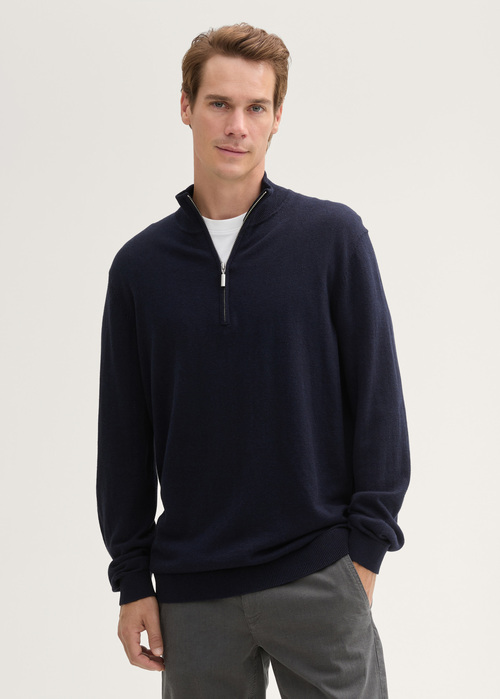 Tom Tailor Troyer Knit Sweater In Recycled Cashmere Knitted Navy Melange - 1043268-13160