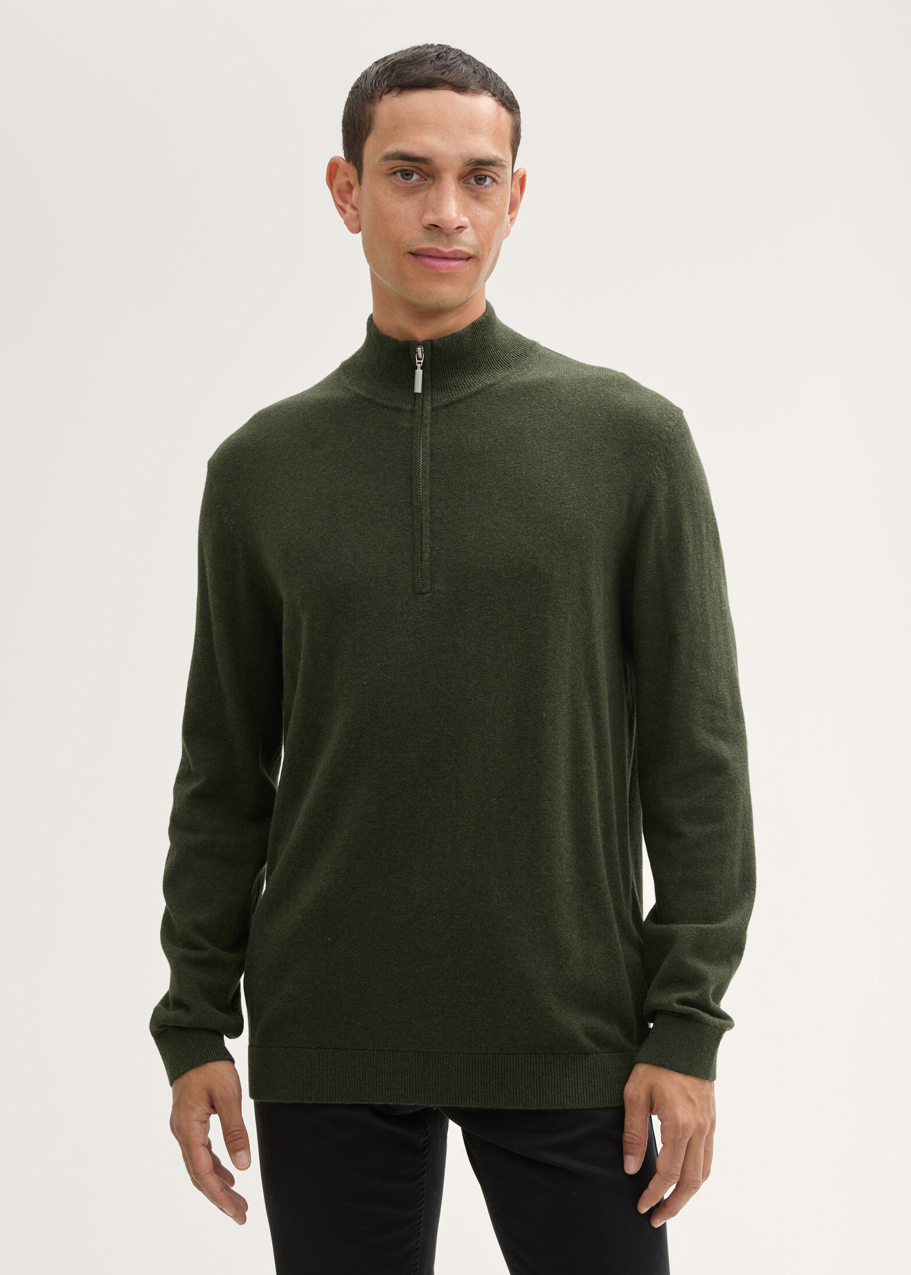 Tom Tailor® Troyer Knit Sweater In Recycled Cashmere - Rosin Green Melange