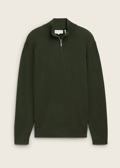 Tom Tailor® Troyer Knit Sweater In Recycled Cashmere - Rosin Green Melange