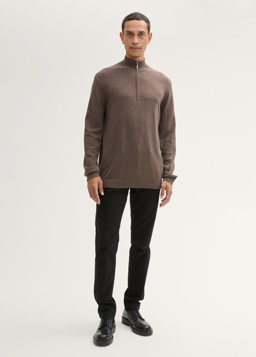 Tom Tailor Troyer Knit Sweater In Recycled Cashmere Wood Brown Melange - 1043268-36303