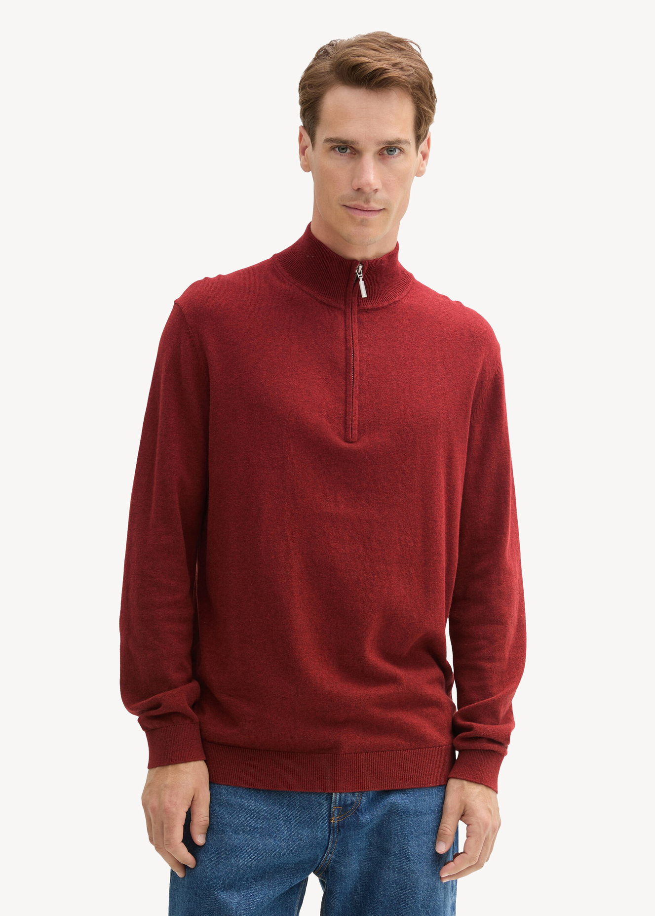 Tom Tailor Troyer Knit Sweater In Recycled Cashmere Burgundy Dark Red Melange