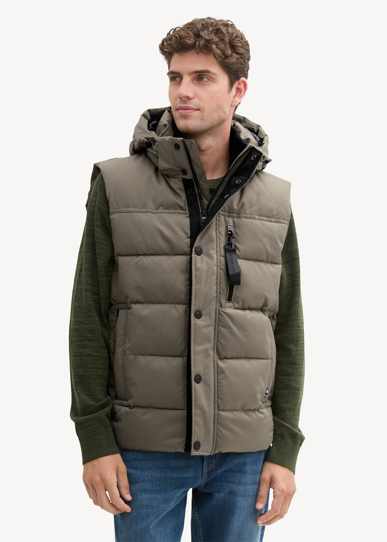 Tom Tailor Puffer Gilet With A Removable Hood Jungle Soil Green