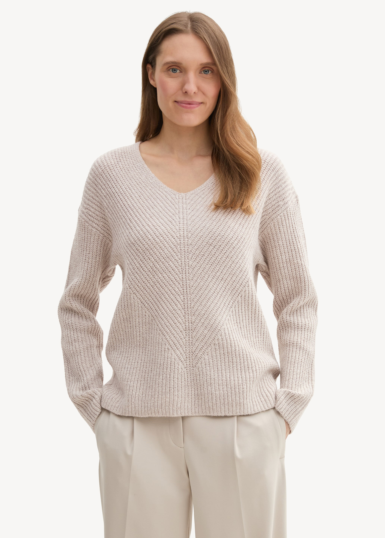 Tom Tailor® Knitted Pullover With A V-neckline - Dusty Beige Melange