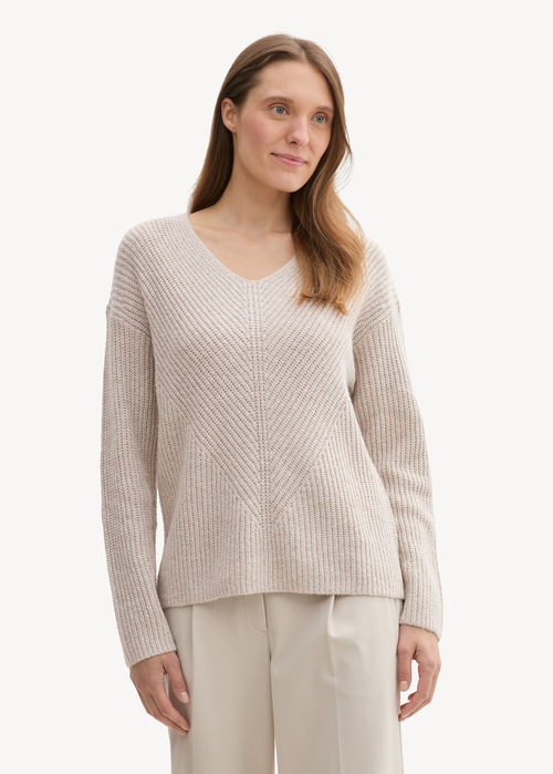 Tom Tailor® Knitted Pullover With A V-neckline - Dusty Beige Melange