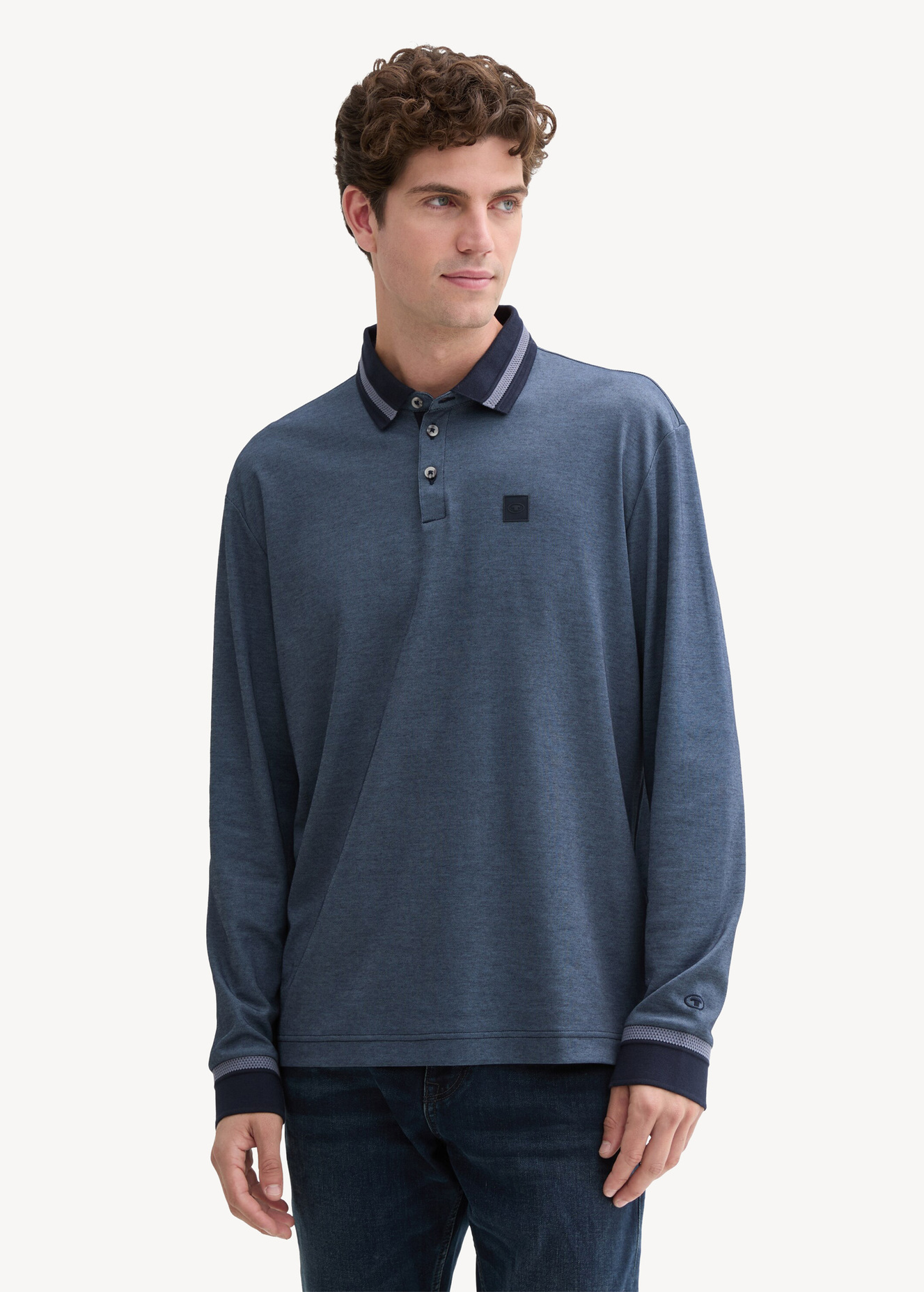 Tom Tailor Long Sleeve Polo Shirt With Logo Badge Sky Captain Blue - 1044030-10668