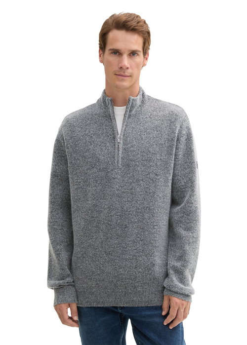 Tom Tailor Troyer Knitted Jumper - Light Stone Grey Black Core 1044734-37034 