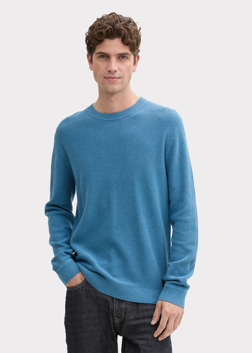 Tom Tailor Textured Round Neck Sweater - Ocean Blue Melange 1042453-37095 