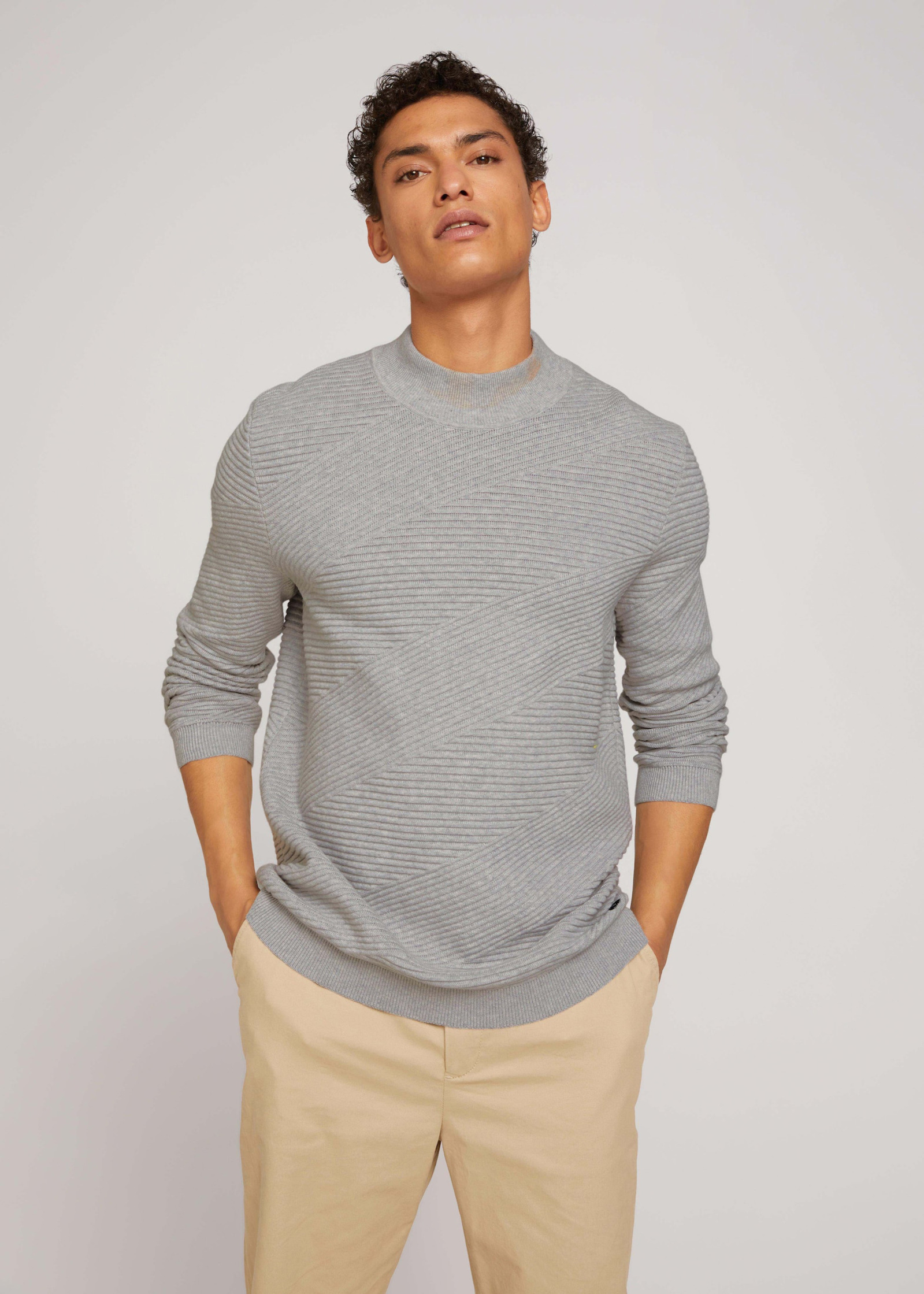 Tom Tailor® Geometric - Structured Light Stone Sweater Melange Grey XL Size