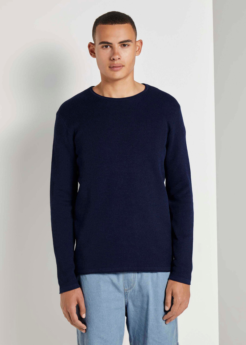 Tom Tailor Zigzag Structured Crewneck Sky Captain Blue Non Solid - 1016090-13684